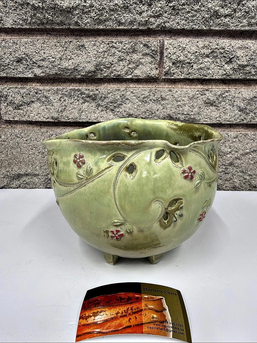 Mariana Costa Clay Crafters Quebec Studio Pottery Green Floral Pierced Bowl
